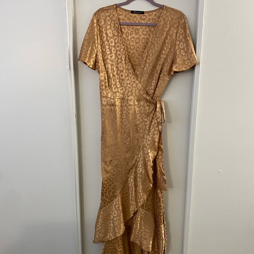 Gold Wrap Dress - Leopard Print, Size L